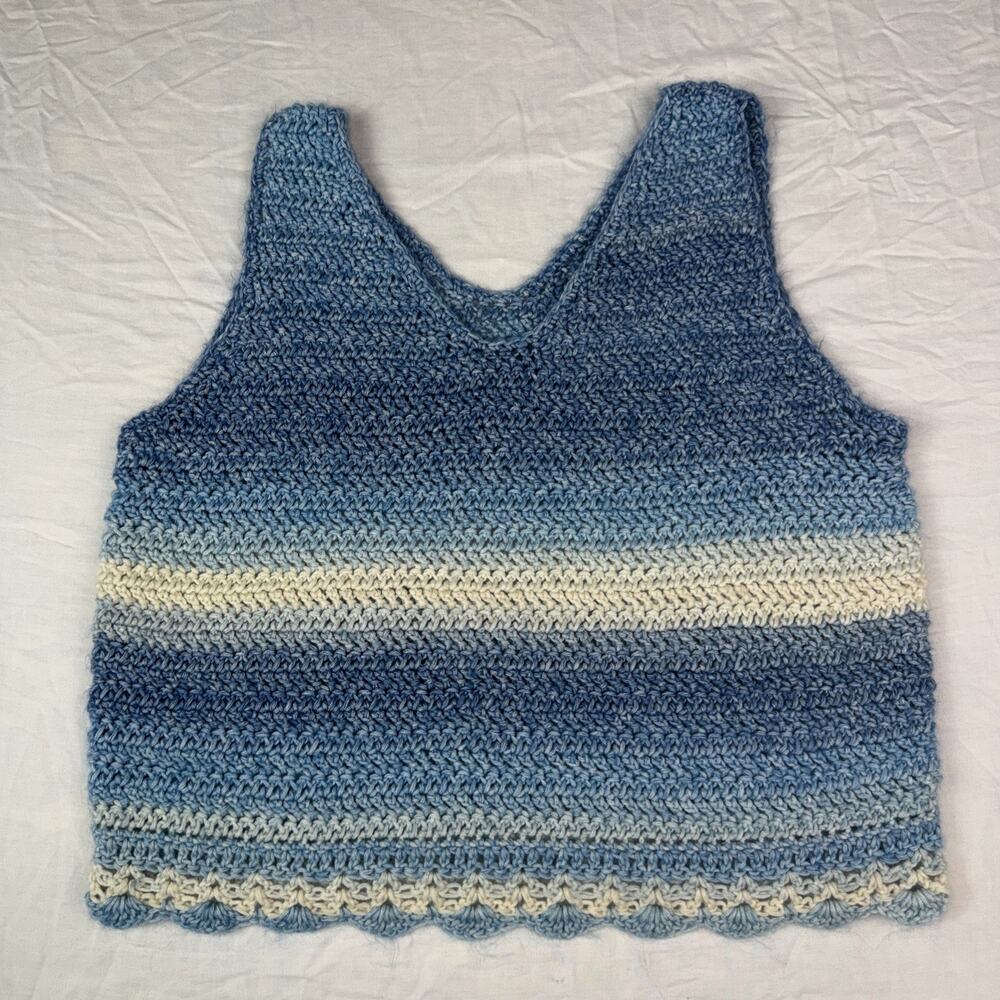 Handmade Crochet Tank Top Blue Stripe Knit Boho Sleeveless Cottagecore